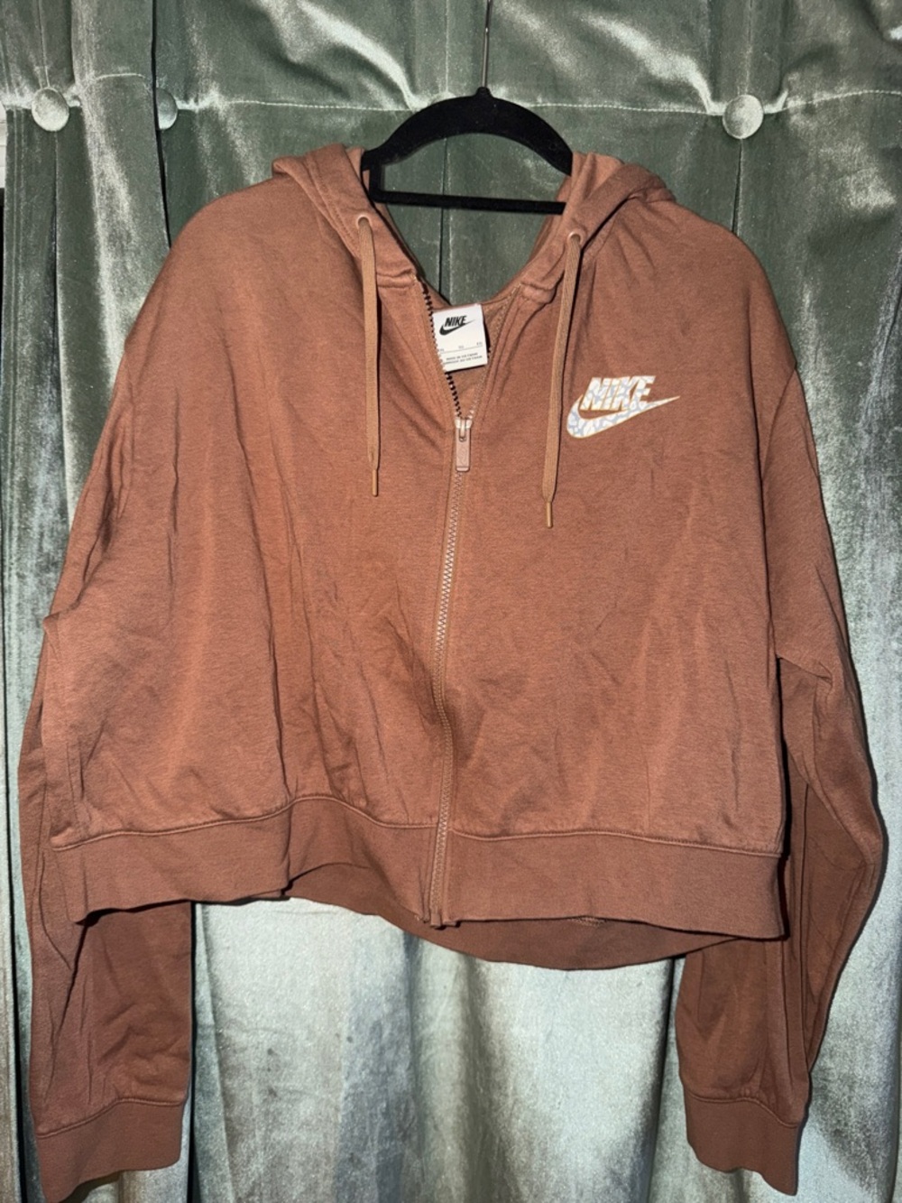Nike Brown Cropped Zip-Up Hoodie with White Leopard Logo